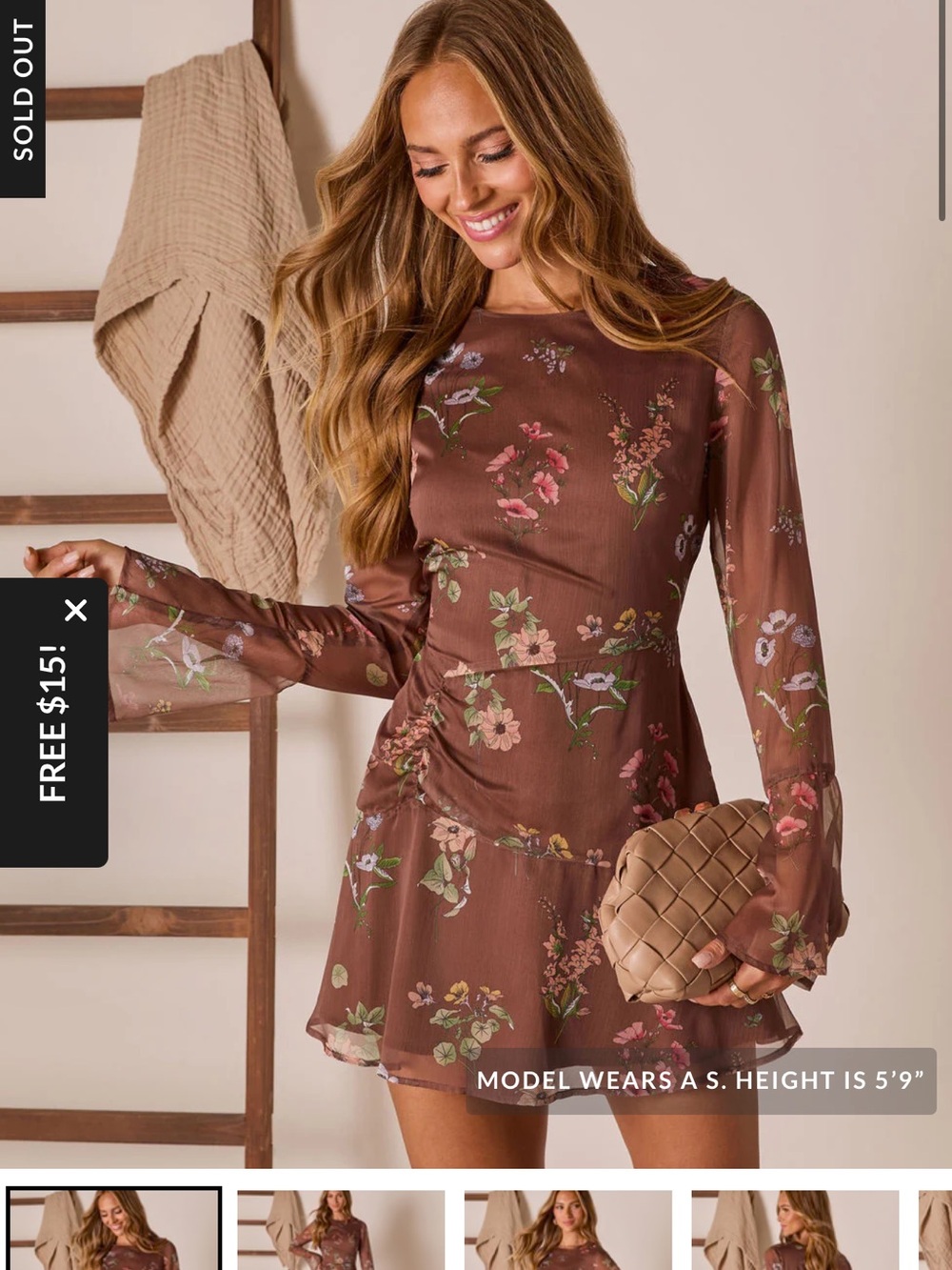 Vici Brown Floral Sheer Long-Sleeve Mini Dress